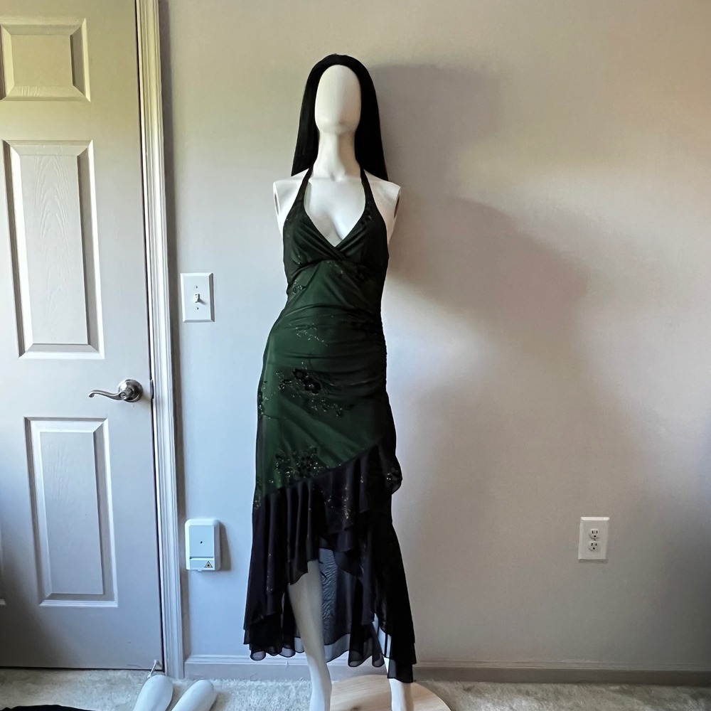 Vintage Y2K Emerald Green Black Floral Mesh Halter Fairy Grunge Maxi Dress S